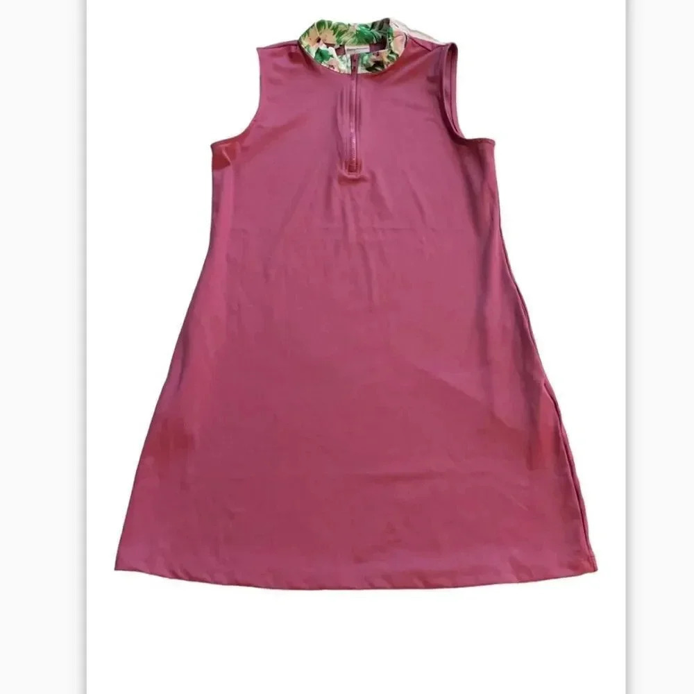 Tommy Bahama sleeveless mock neck golf dress plum/mauve leaf print trim Size M